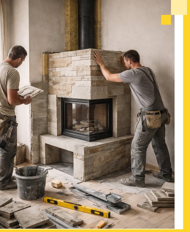 Угловые камины под ключ проект, монтаж и отделка в Черемхове